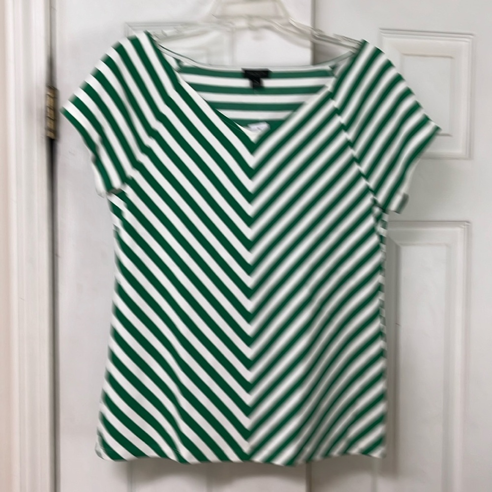 Ann Taylor Factory Shirt Sleeve Kelly Green and White Stripe Top - Sz M